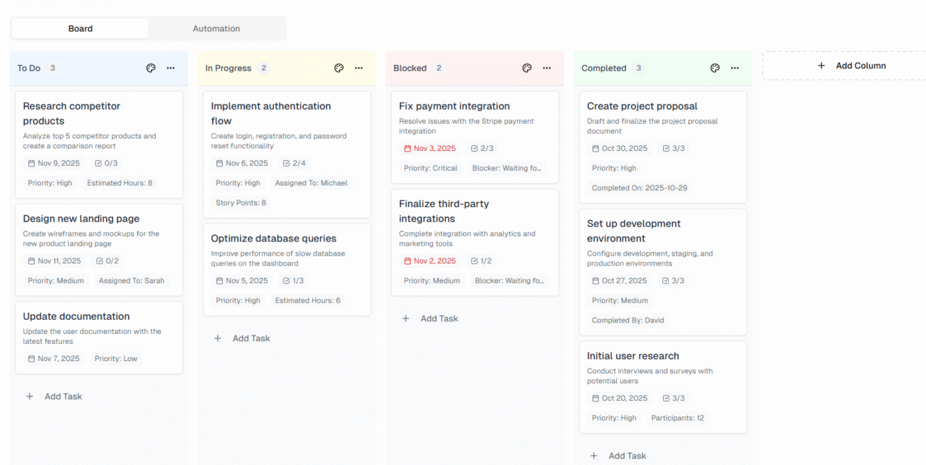 Project management with automation. Track tasks across To Do, In Progress, Blocked, and Completed with smart workflows.