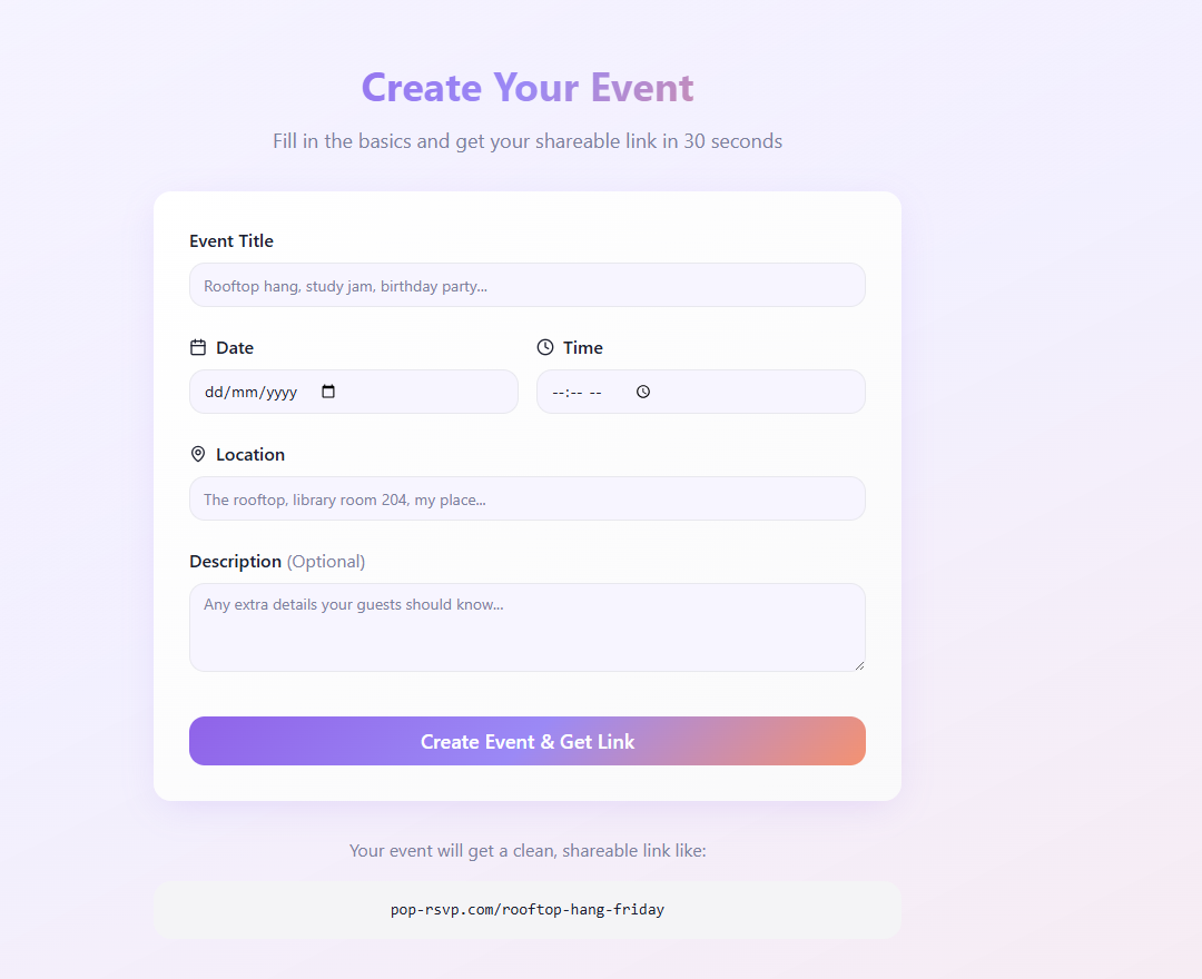 A no-mess event invite system that people actually answer. Simple Yes/Maybe/Can't buttons for rooftop hangs and study jams.