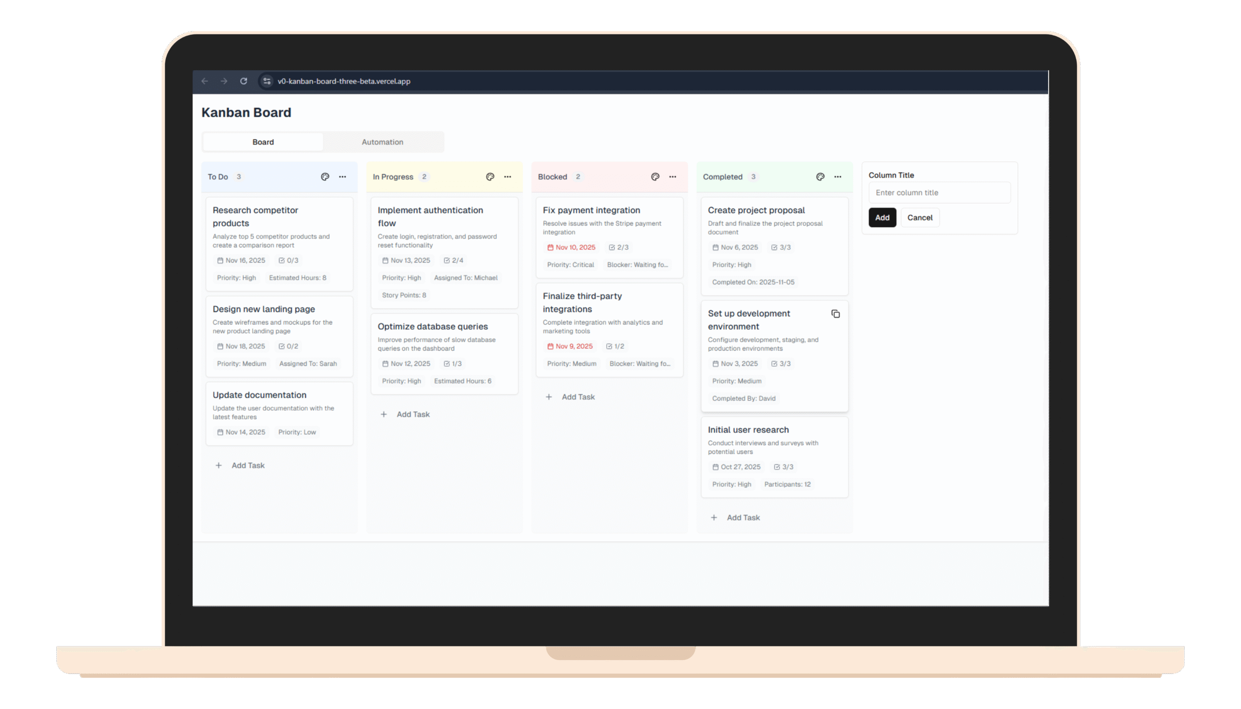 Project management with automation. Track tasks across To Do, In Progress, Blocked, and Completed with smart workflows.